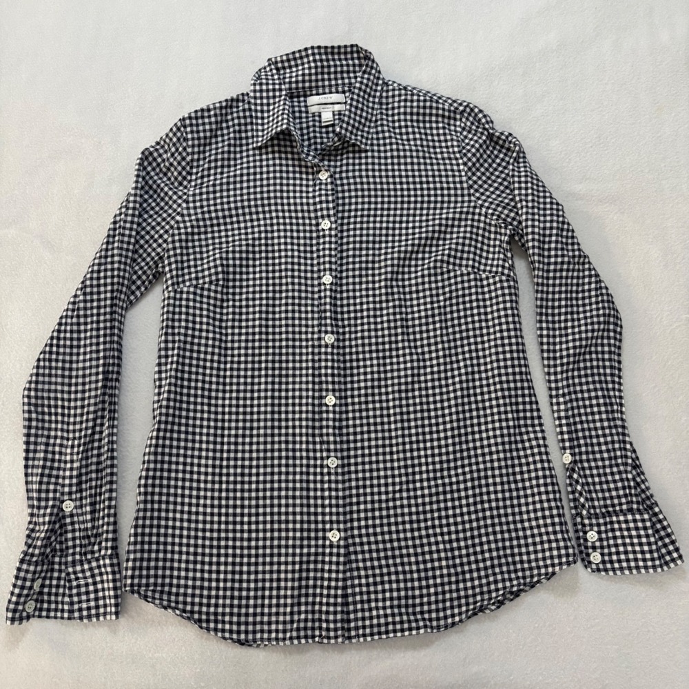 J.Crew Perfect Shirt Navy Blue White Gingham Check Button Down Cotton Top 4